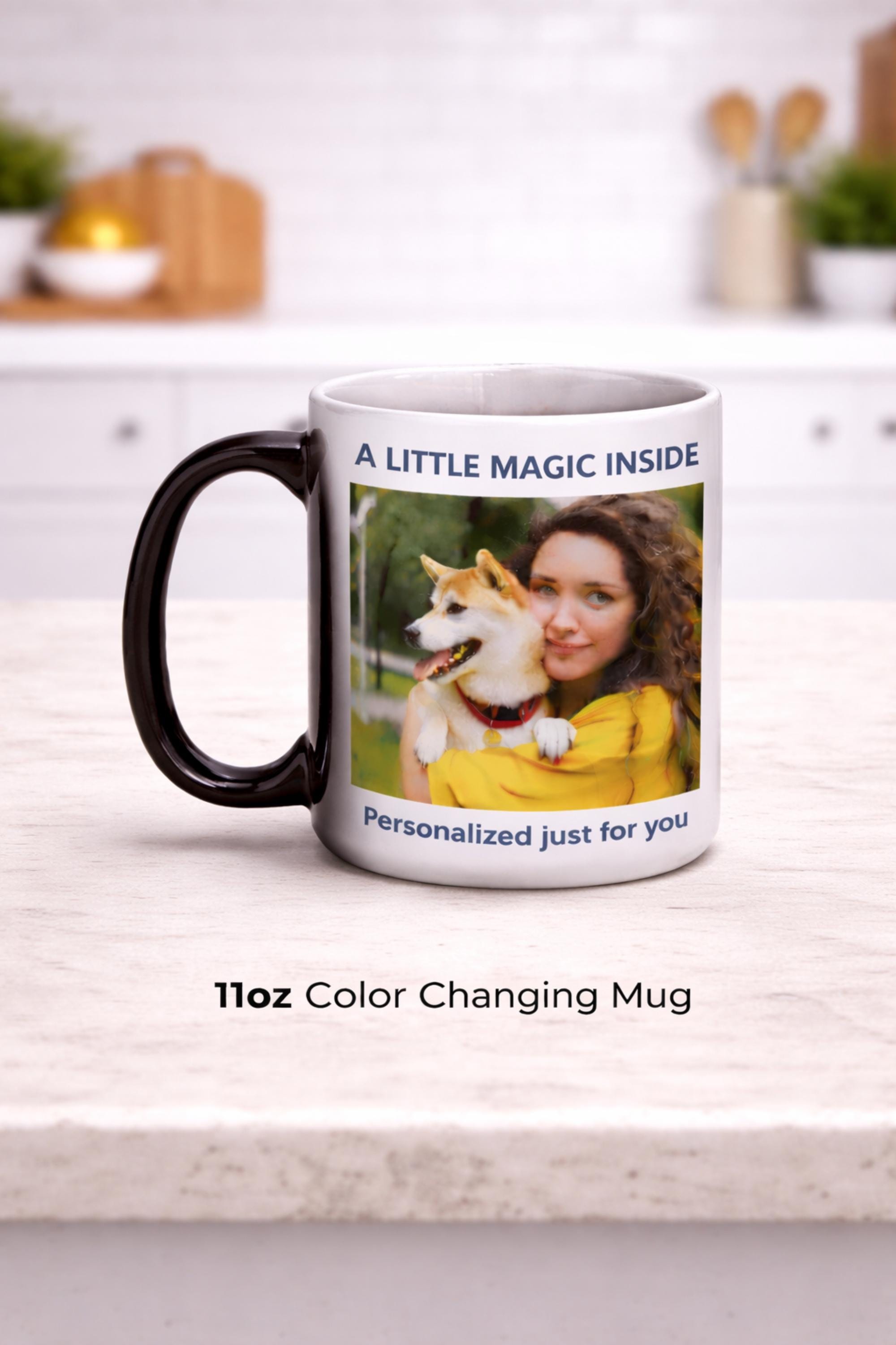 11oz color changing mug with personalized photo and “A Little Magic Inside” text, featuring black handle and custom image reveal design on ceramic cup