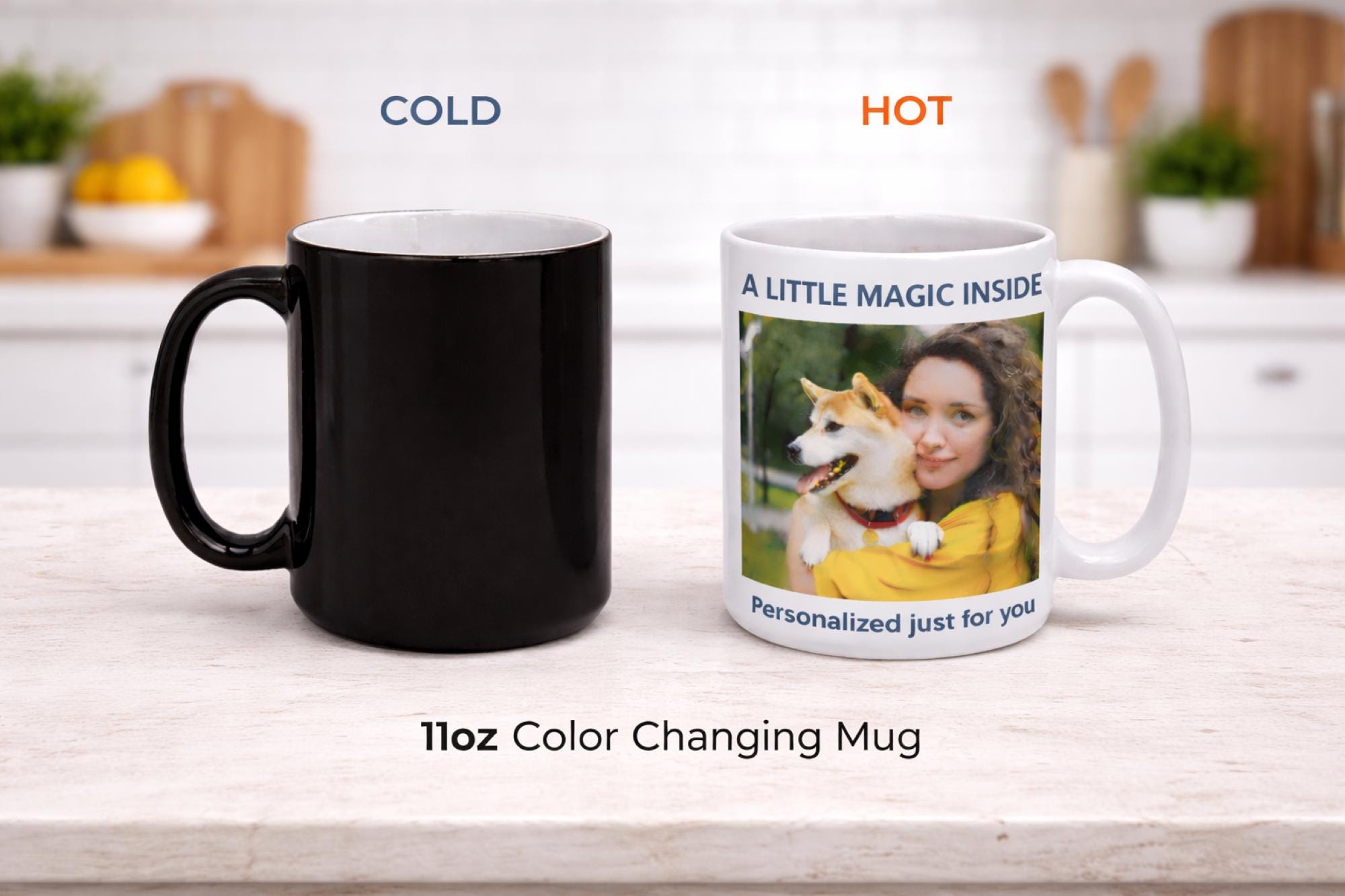 11oz color changing mug with personalized photo and “A Little Magic Inside” text, featuring black handle and custom image reveal design on ceramic cup