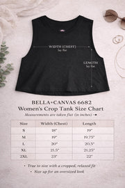 Bella Canvas size chart women’s cropped tank top featuring rainbow heart with roses and “Love Without Apology” text, styled on model with edgy streetwear aesthetic