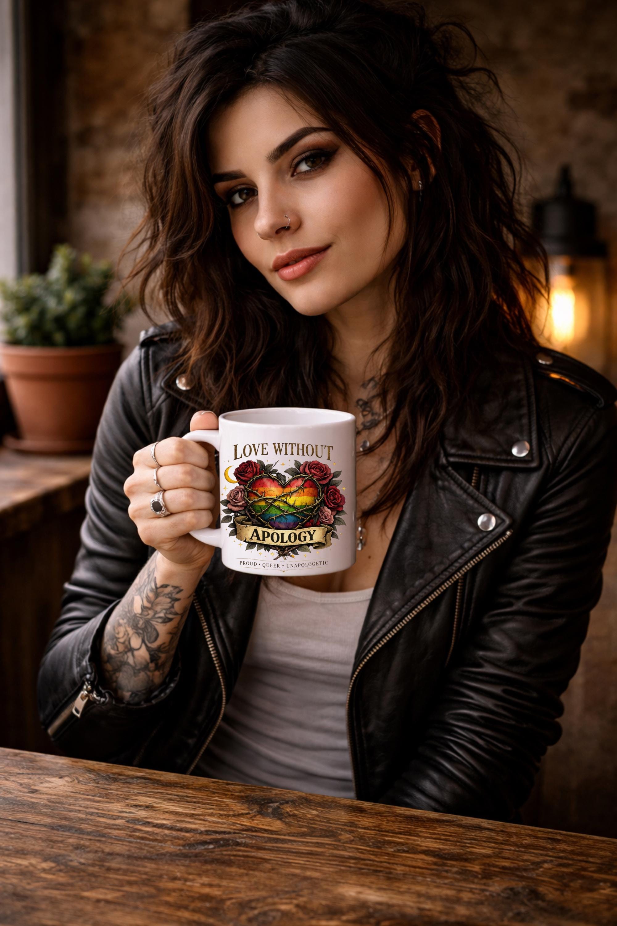 White ceramic 15oz mug featuring rainbow heart with roses and “Love Without Apology” text, styled on rustic kitchen table with muffins and coffee background