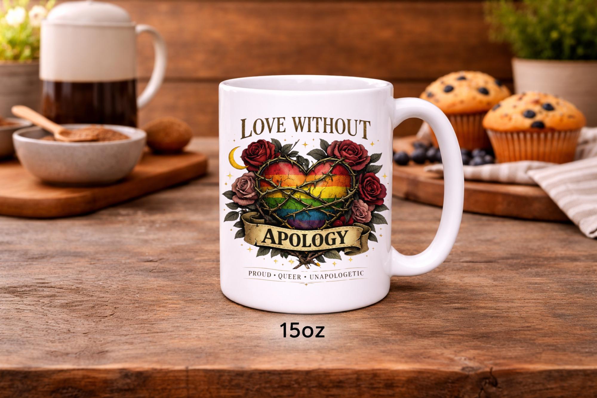 White ceramic 15oz mug featuring rainbow heart with roses and “Love Without Apology” text, styled on rustic kitchen table with muffins and coffee background