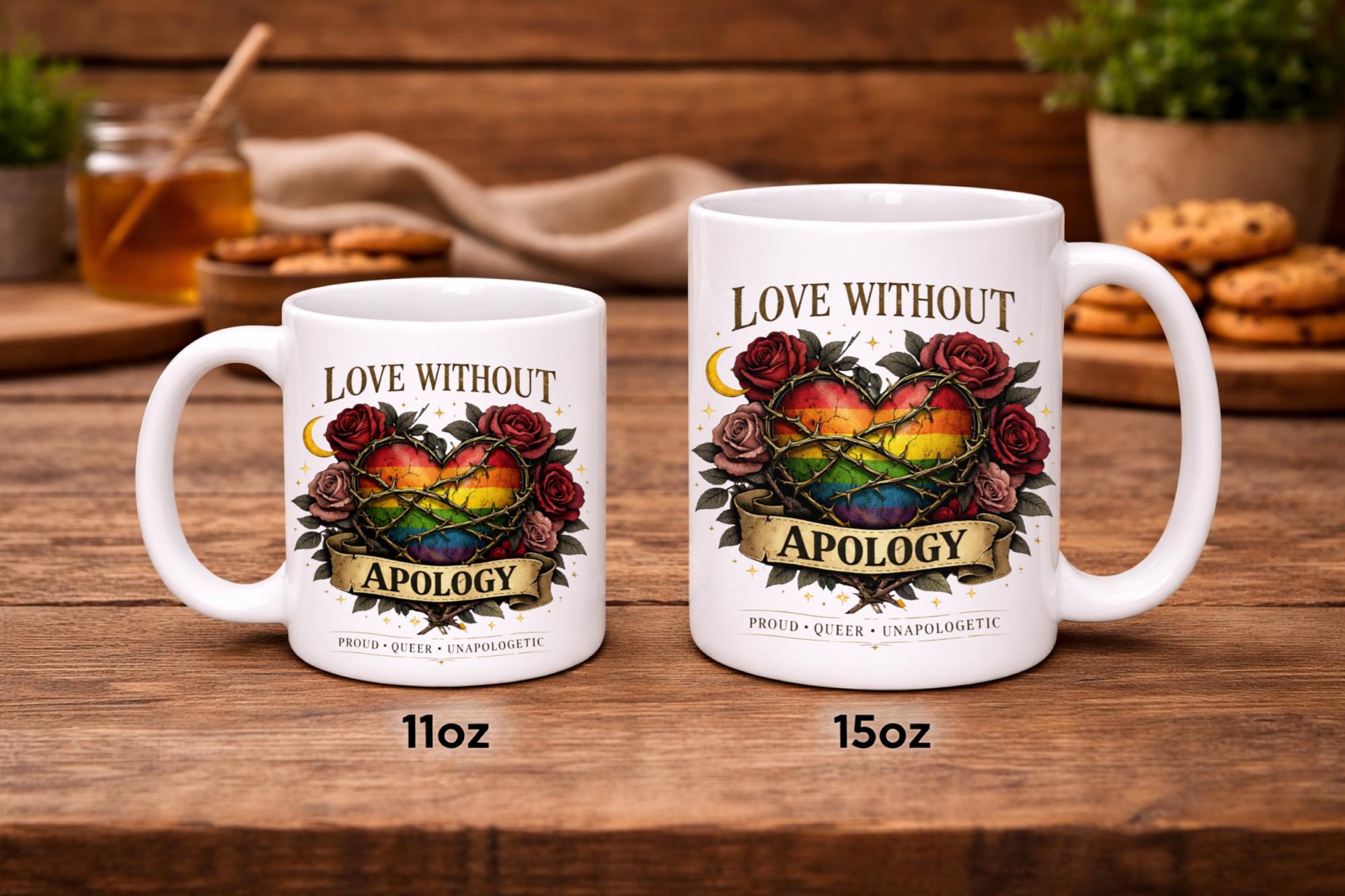 White ceramic 11oz and 15oz mug featuring rainbow heart with roses and “Love Without Apology” text, styled on rustic kitchen table with muffins and coffee background