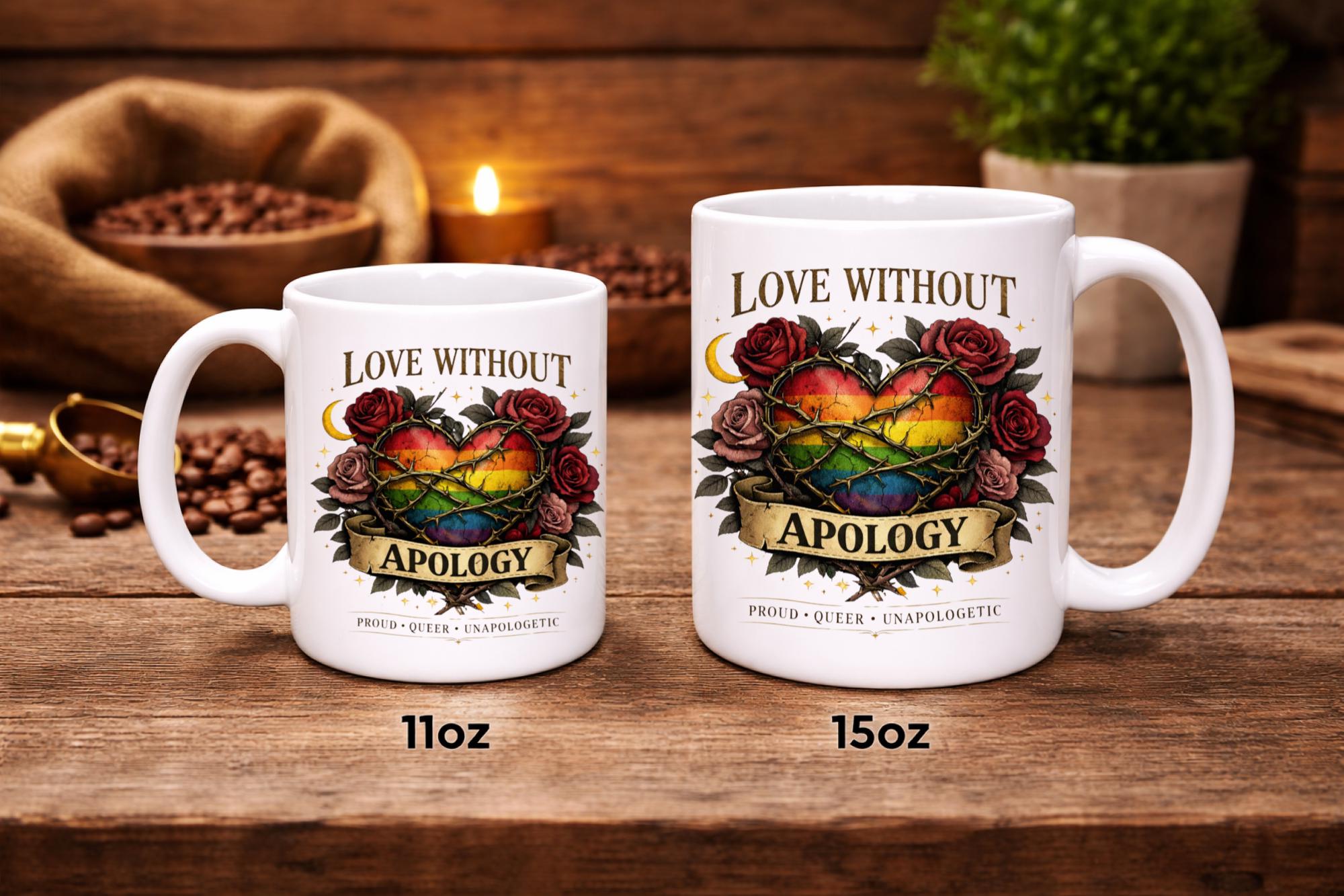 White ceramic 11oz and 15oz mug featuring rainbow heart with roses and “Love Without Apology” text, styled on rustic kitchen table with muffins and coffee background