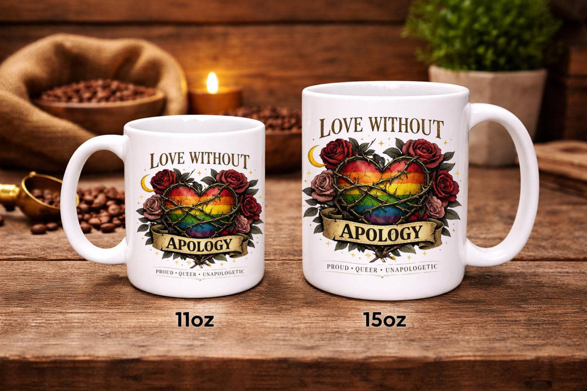 White ceramic 11oz and 15oz mug featuring rainbow heart with roses and “Love Without Apology” text, styled on rustic kitchen table with muffins and coffee background
