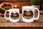 White ceramic 11oz and 15oz mug featuring rainbow heart with roses and “Love Without Apology” text, styled on rustic kitchen table with muffins and coffee background