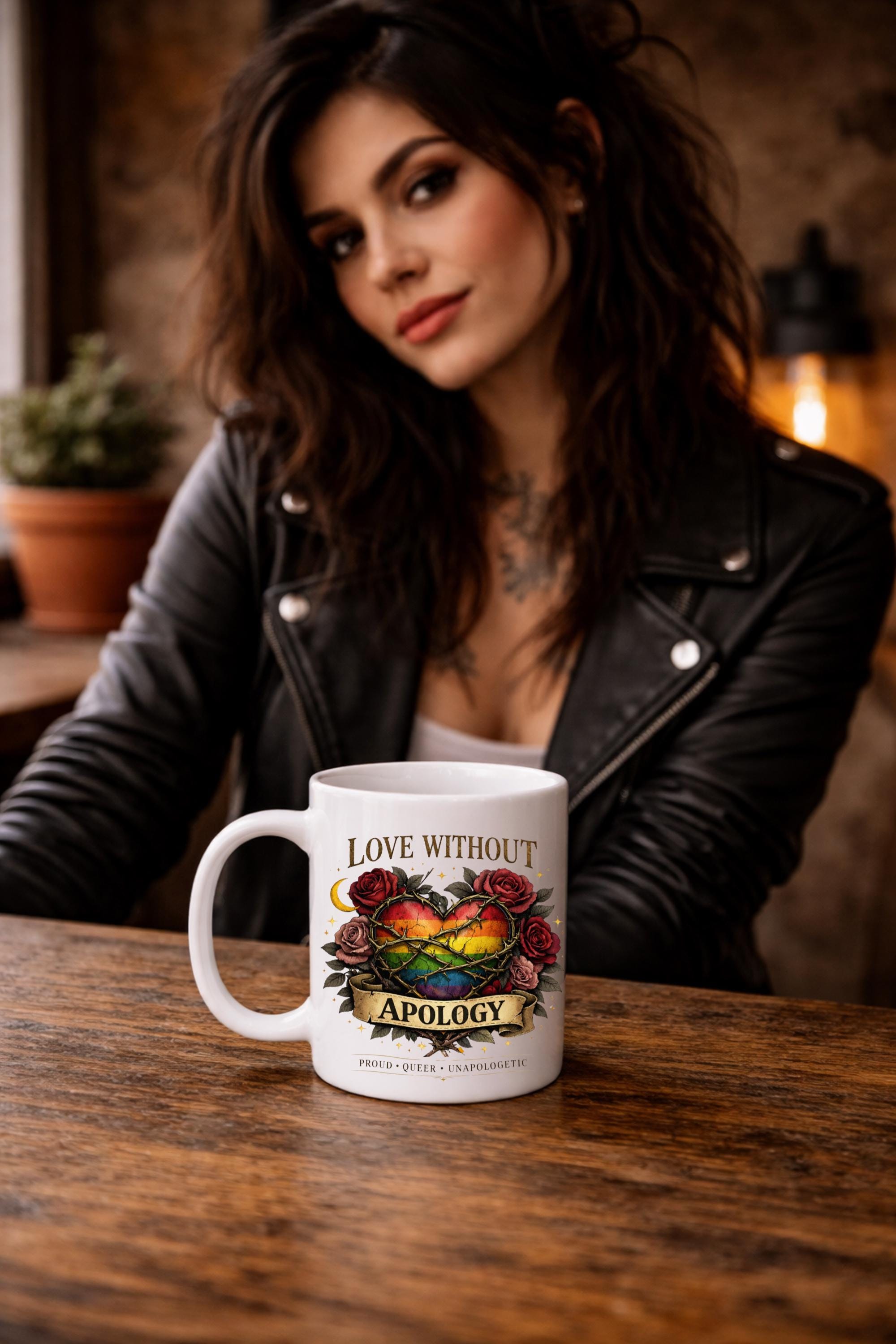 White ceramic 15oz mug featuring rainbow heart with roses and “Love Without Apology” text, styled on rustic kitchen table with muffins and coffee background