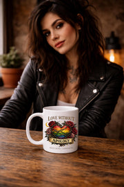 White ceramic 15oz mug featuring rainbow heart with roses and “Love Without Apology” text, styled on rustic kitchen table with muffins and coffee background