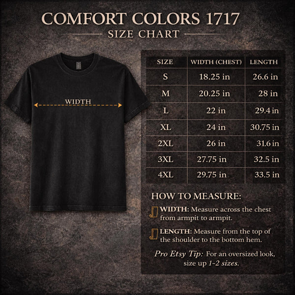 Size chart for Comfort Color 1717 Tshirt