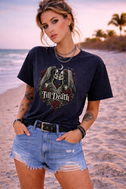 Till Death gothic wedding t-shirt with skeleton bride and groom artwork, alternative fashion outfit with leather pants and layered jewelry