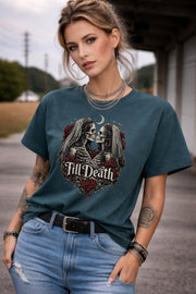 Till Death gothic wedding t-shirt with skeleton bride and groom artwork, alternative fashion outfit with leather pants and layered jewelry