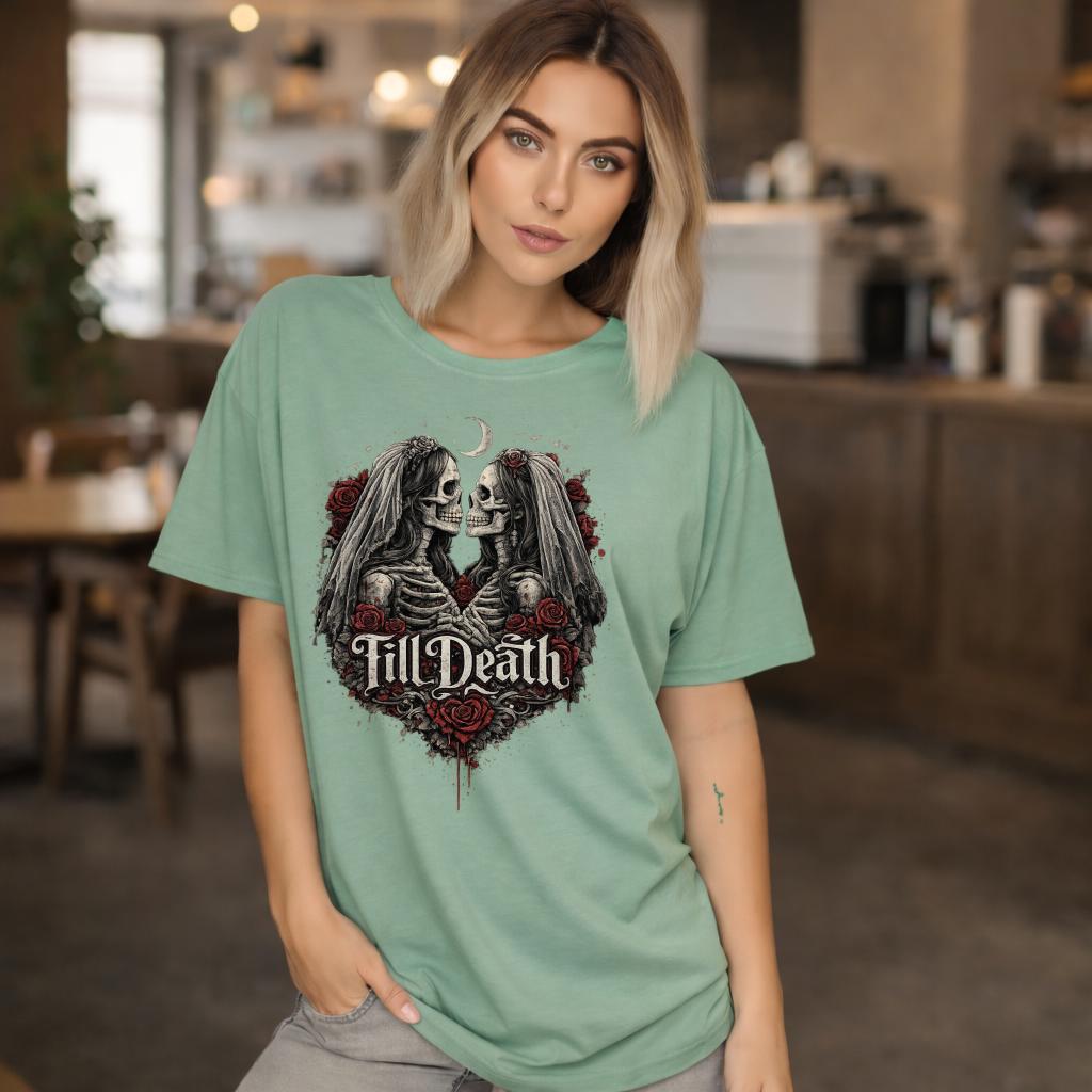 Edgy gothic couple skeleton design t-shirt with roses on navy shirt, dark aesthetic outfit for alternative style lovers