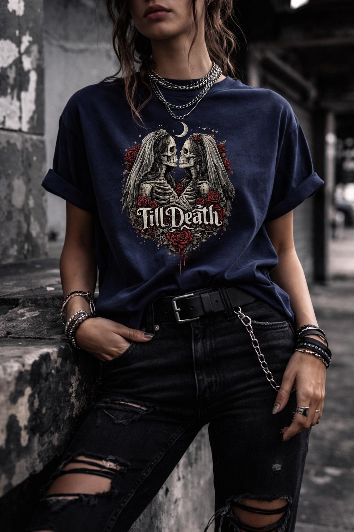 Till Death gothic wedding t-shirt with skeleton bride and groom artwork, alternative fashion outfit with leather pants and layered jewelry