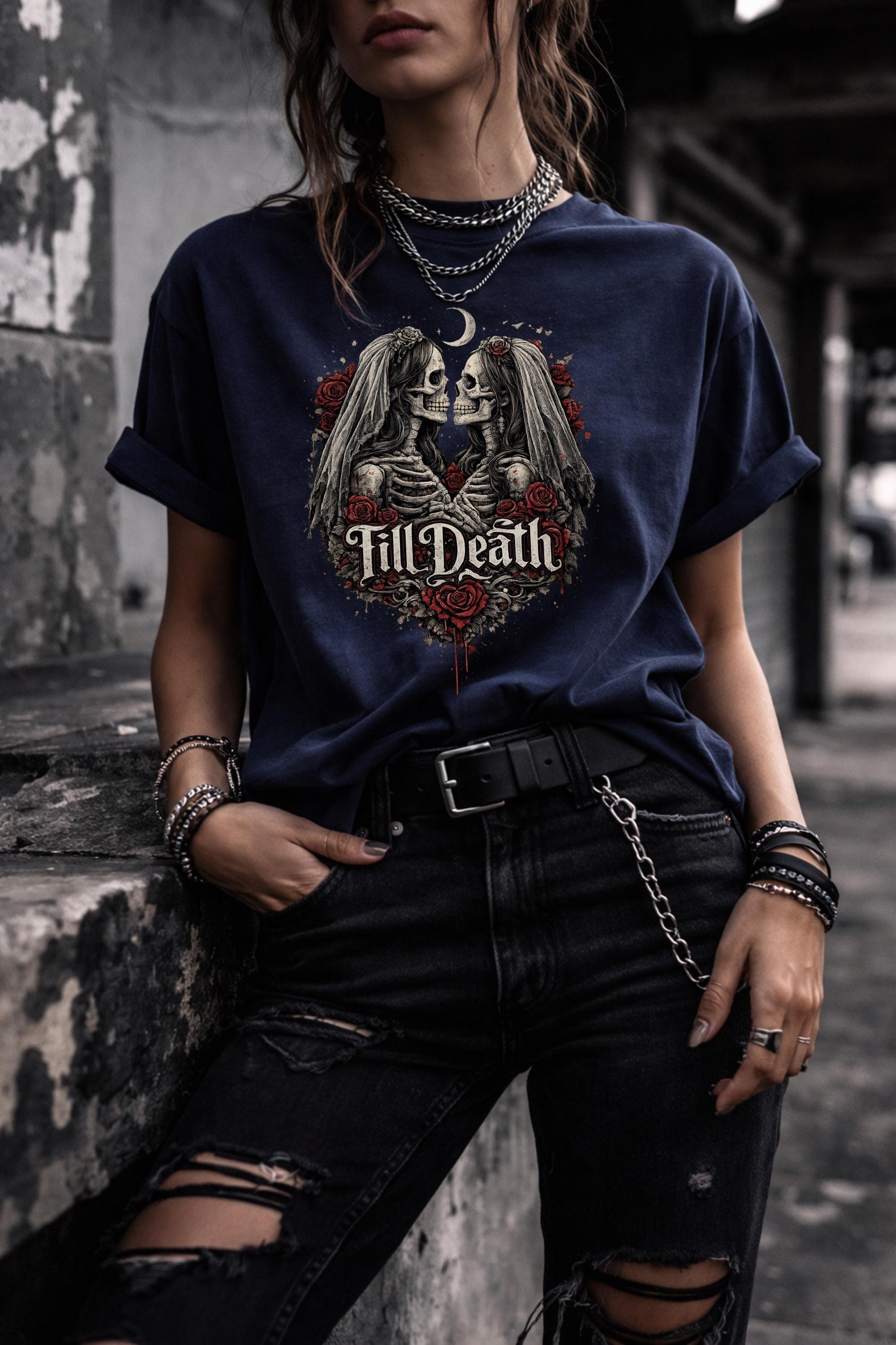 Till Death gothic wedding t-shirt with skeleton bride and groom artwork, alternative fashion outfit with leather pants and layered jewelry