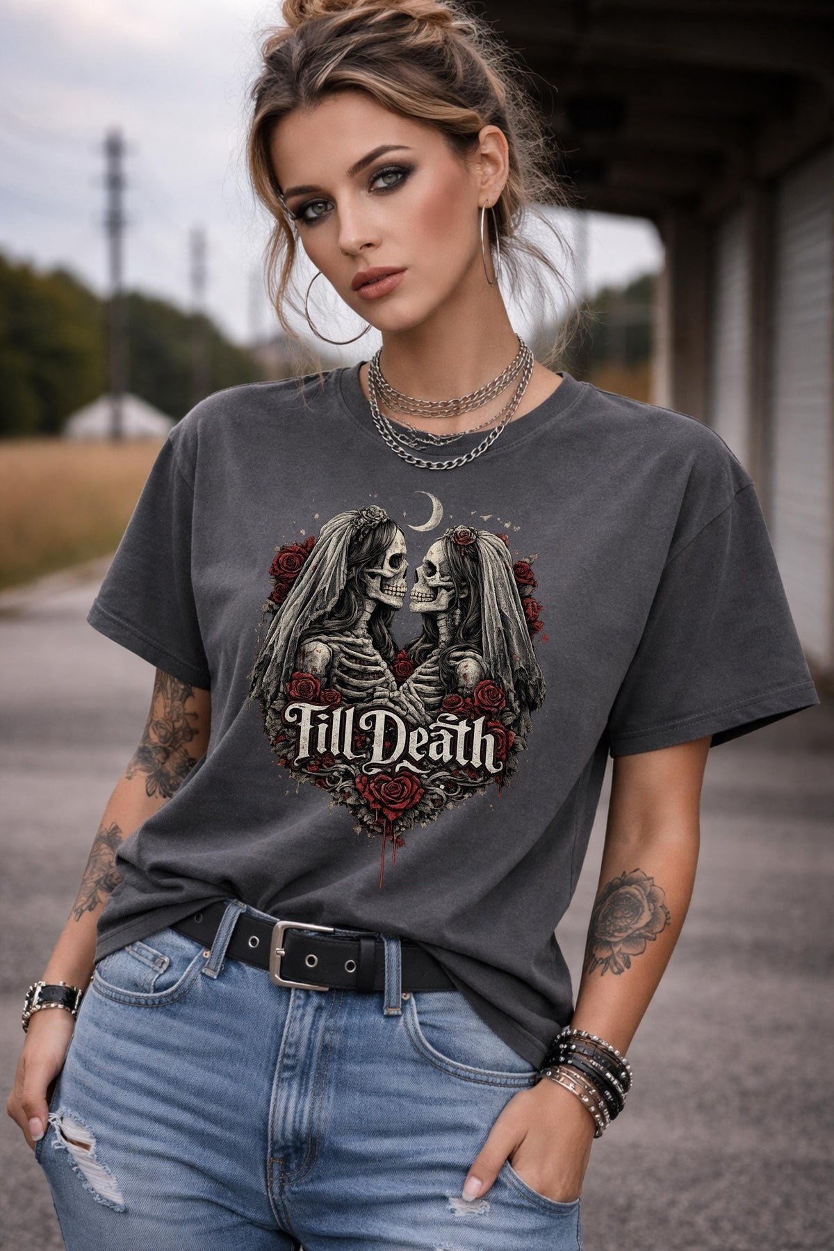 Till Death gothic wedding t-shirt with skeleton bride and groom artwork, alternative fashion outfit with leather pants and layered jewelry