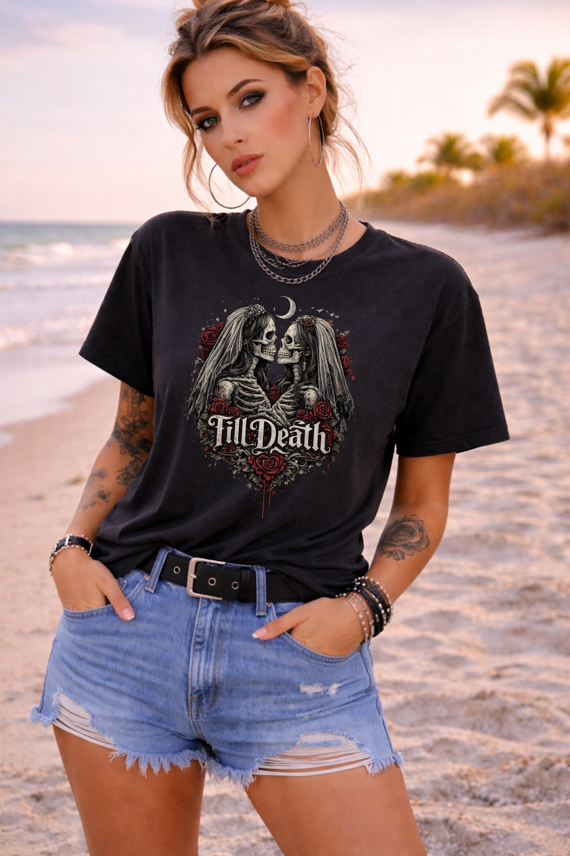 Till Death gothic wedding t-shirt with skeleton bride and groom artwork, alternative fashion outfit with leather pants and layered jewelry