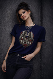 Dark romance skeleton couple shirt with red roses and crescent moon design on navy tee, worn by model in grunge streetwear style