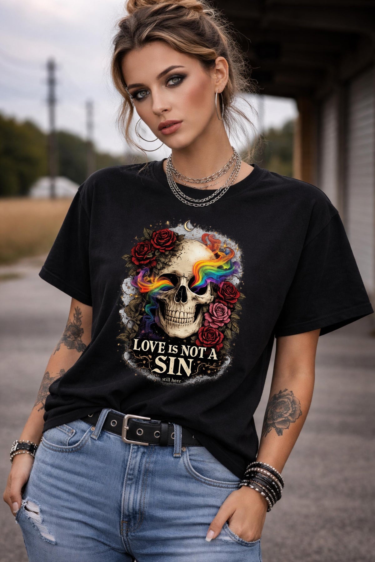 Graphic t-shirt featuring skull with rainbow accents and roses with “Love Is Not a Sin” text, styled on model with edgy alternative streetwear aesthetic