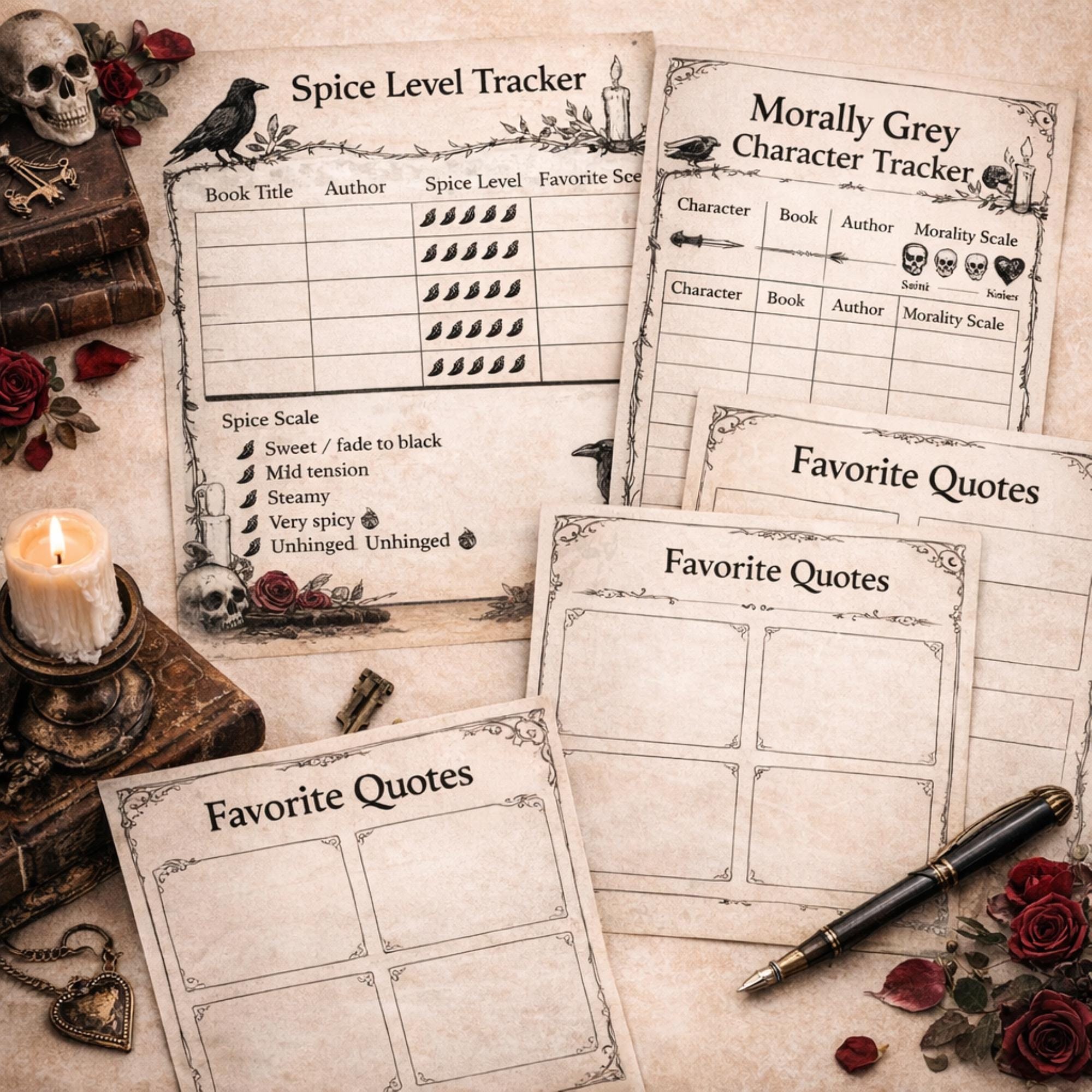 Dark Romance Reading Journal Printable PDF, Book Tracker, A4 US Letter, Tropes, Spice Log