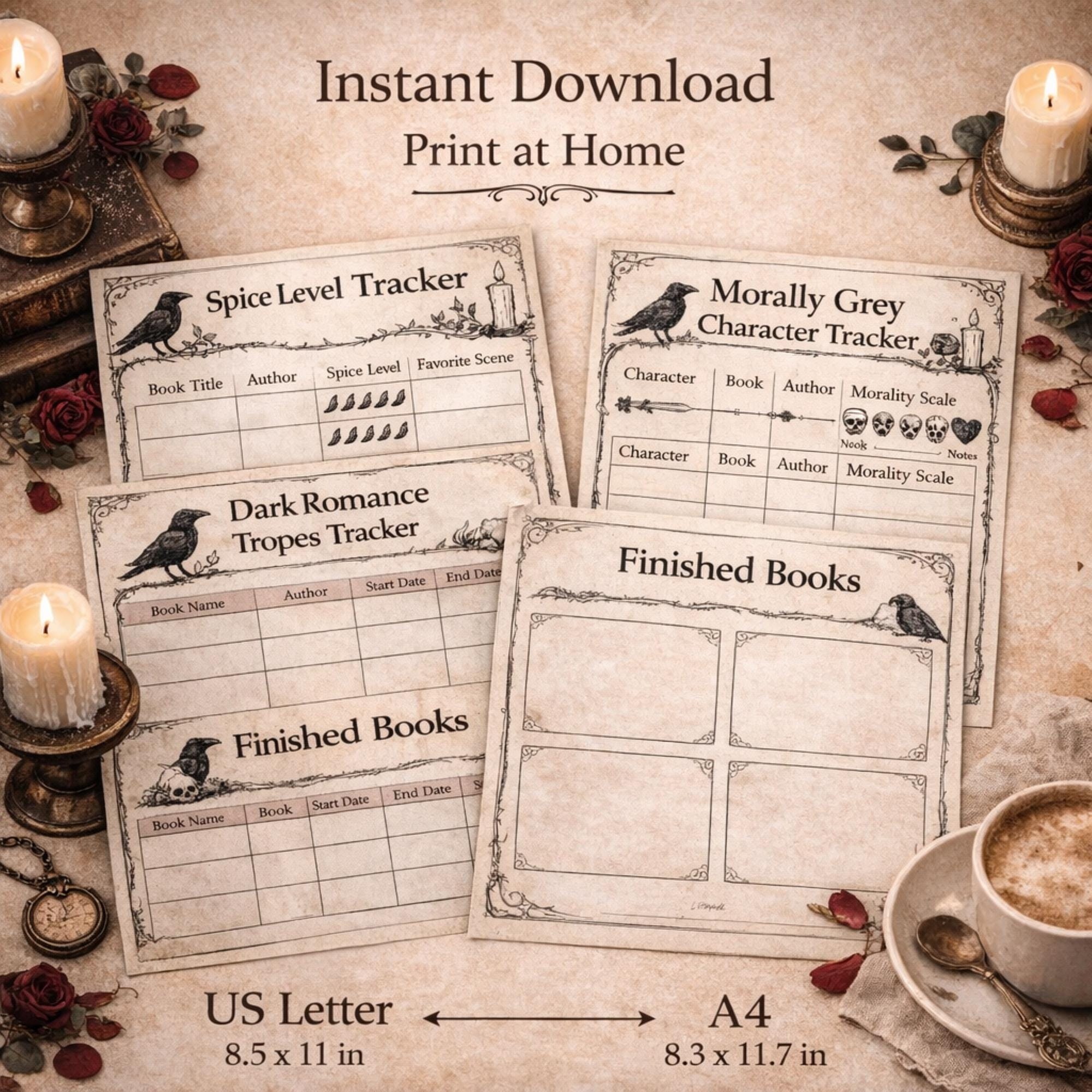 Dark Romance Reading Journal Printable PDF, Book Tracker, A4 US Letter, Tropes, Spice Log