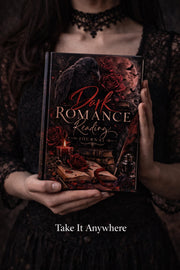 Dark romance reading journal with raven, red roses, and candlelit gothic aesthetic, moody dark academia book lover design