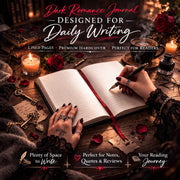 Dark romance reading journal for book lovers, gothic raven design with roses and candlelight, dark academia aesthetic notebook