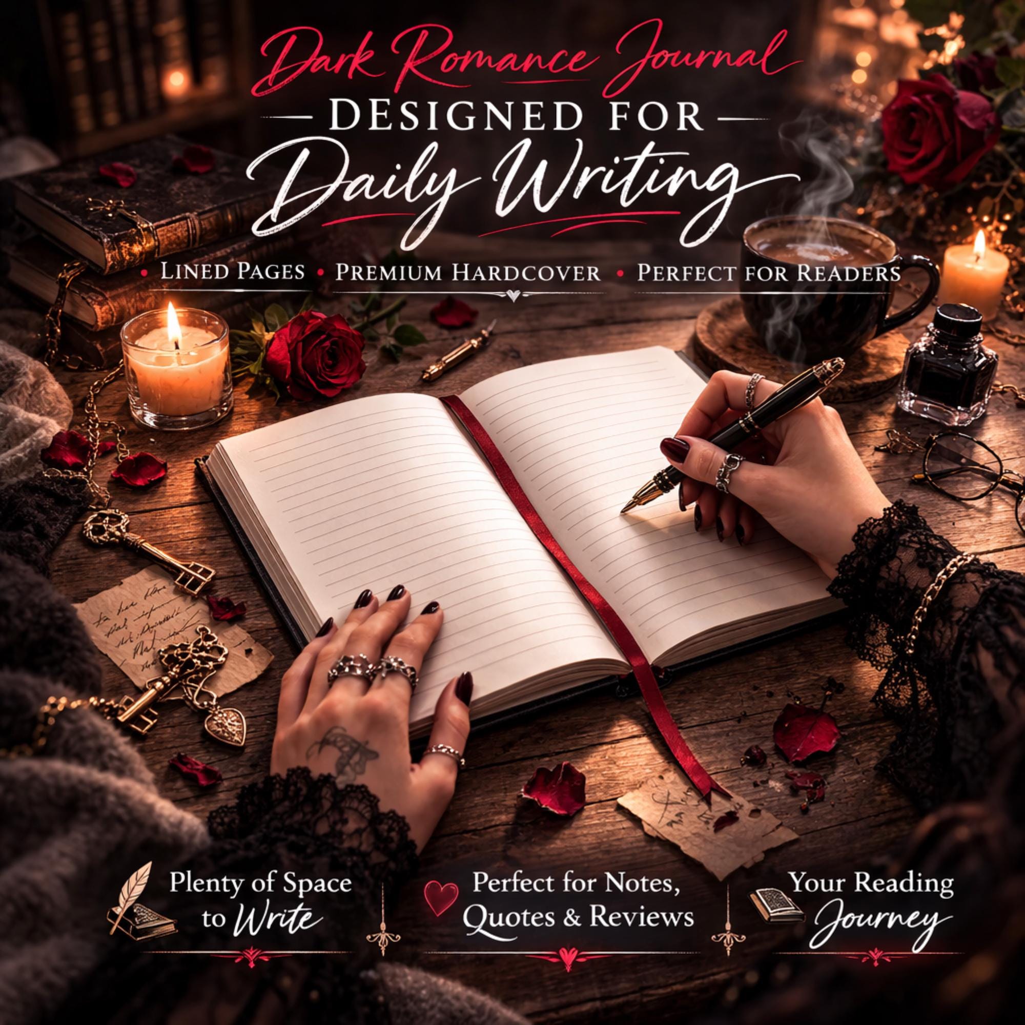 Dark romance reading journal for book lovers, gothic raven design with roses and candlelight, dark academia aesthetic notebook