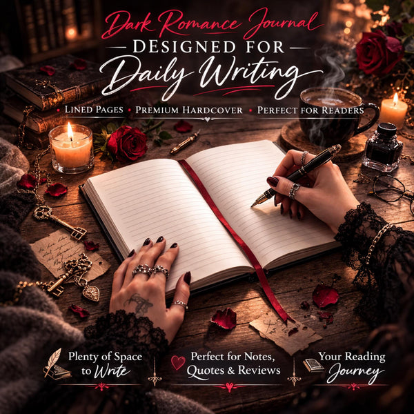 Dark romance reading journal for book lovers, gothic raven design with roses and candlelight, dark academia aesthetic notebook