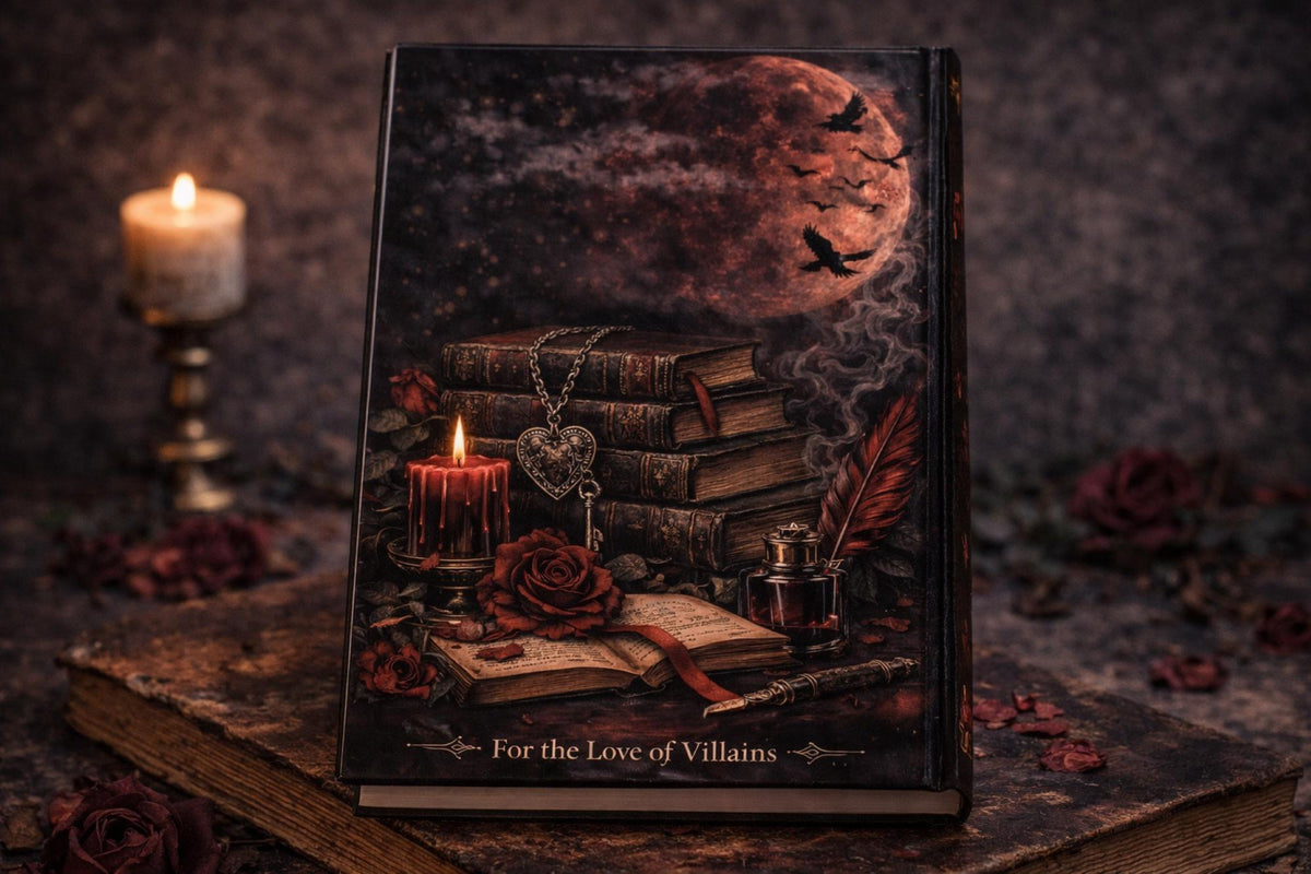 Gothic dark romance reading journal styled with candles, antique books, coffee cup, and red roses in dark academia theme