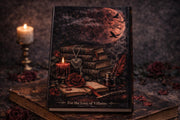 Gothic dark romance reading journal styled with candles, antique books, coffee cup, and red roses in dark academia theme