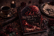Gothic dark romance reading journal styled with candles, antique books, coffee cup, and red roses in dark academia theme