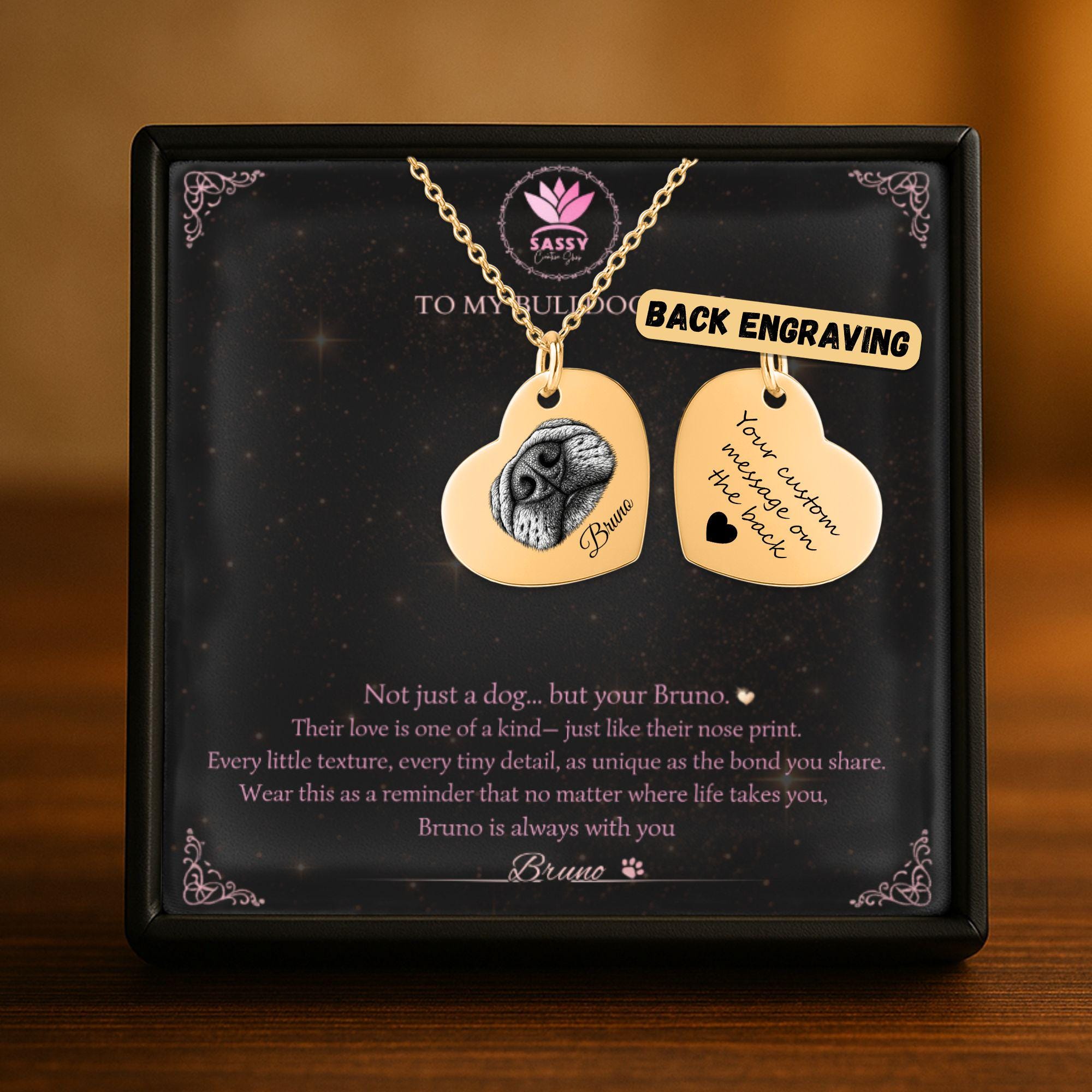 Custom pet nose print heart necklace engraved from dog nose photo, personalized memorial jewelry gift