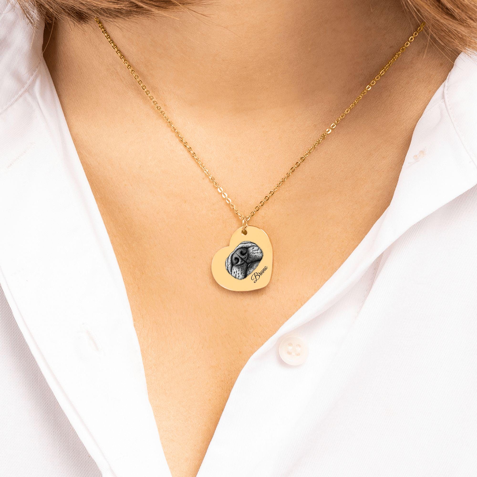 Woman wearing custom pet nose print necklace, meaningful dog memorial jewelry gift for pet lovers