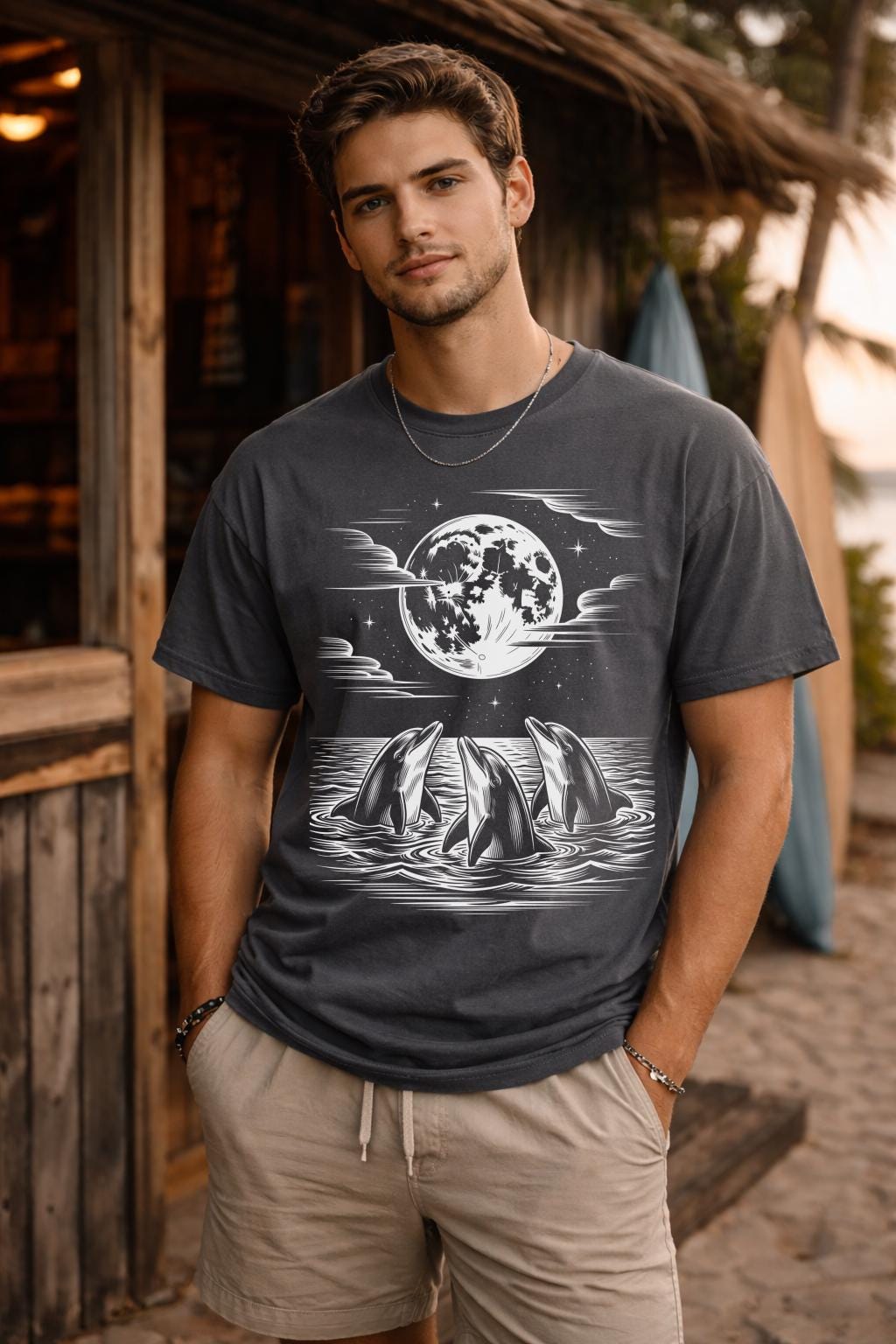 close up of dolphin graphic with moon and waves on black comfort colors shirt