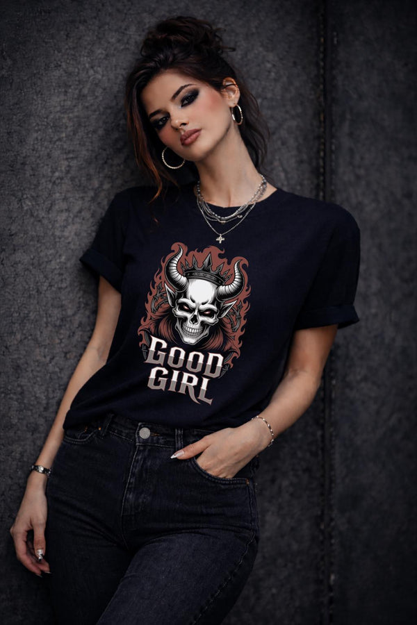 Unisex Comfort Colors t-shirt featuring gothic skull graphic with horns and crown, edgy dark aesthetic design on Midnight shirt worn by model