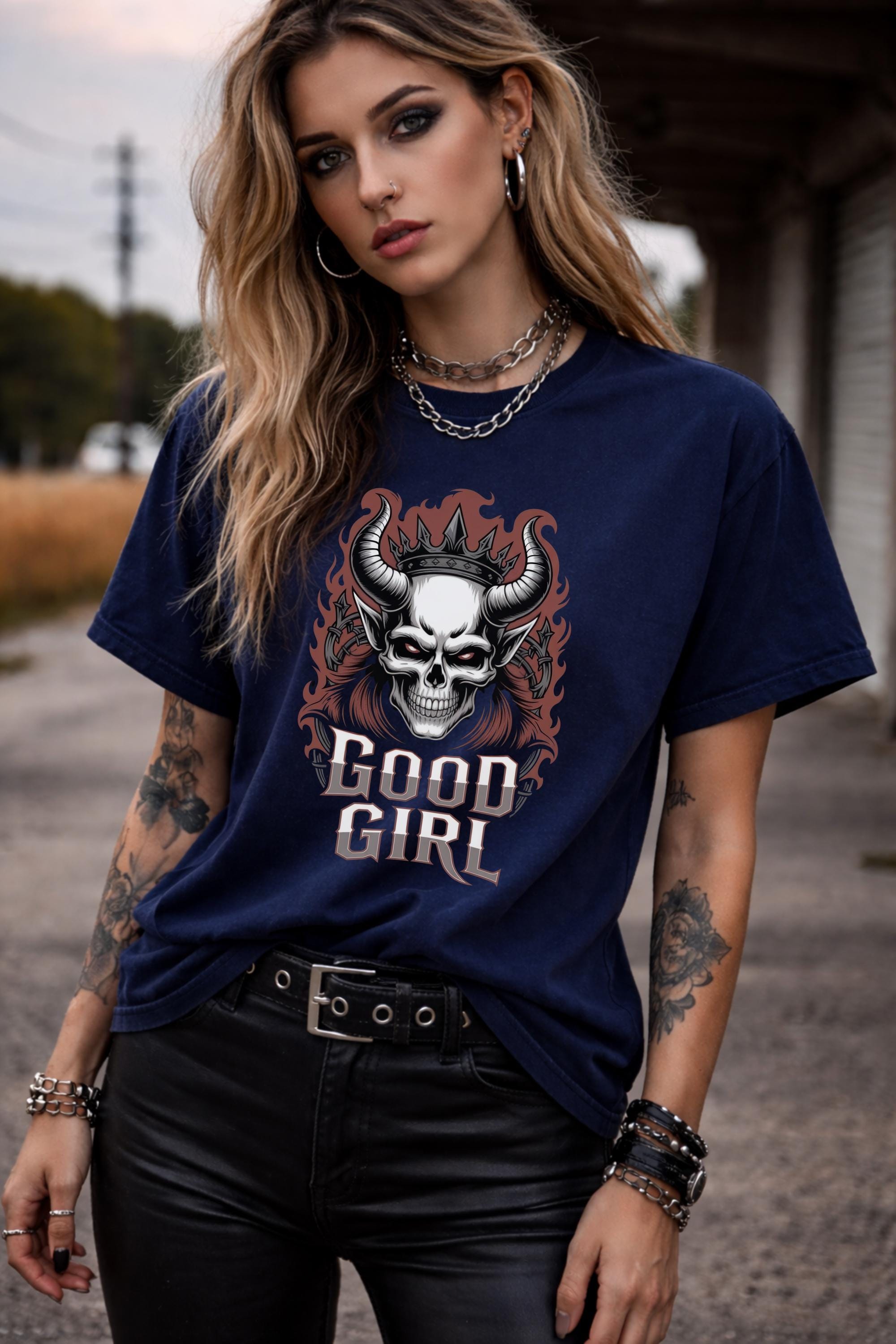 Unisex Comfort Colors t-shirt featuring a gothic skull graphic with horns and a crown, edgy dark aesthetic design on a True Navy shirt, worn by a model