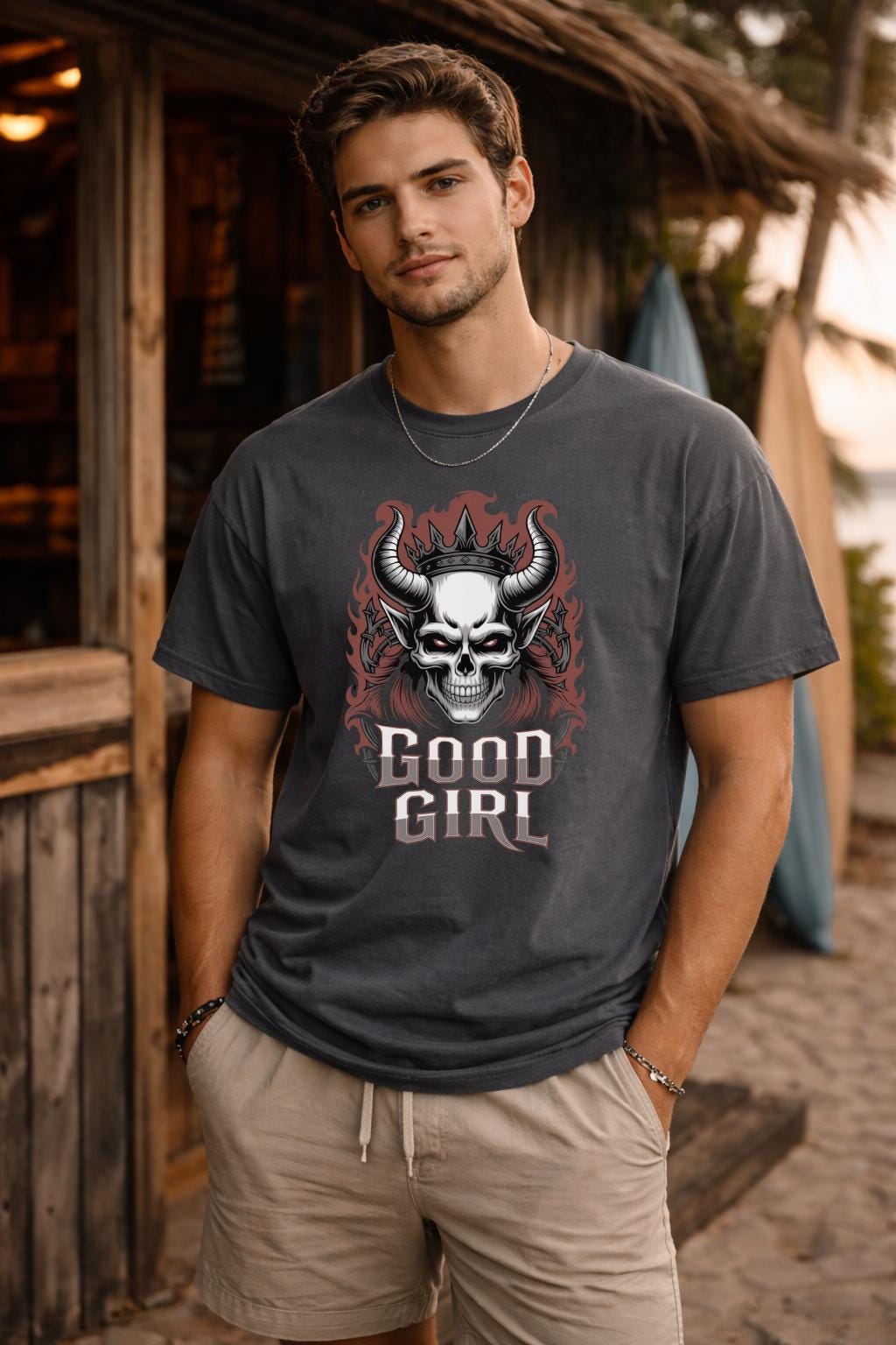 Unisex Comfort Colors t-shirt featuring gothic skull graphic with horns and crown, edgy dark aesthetic design on Pepper shirt worn by model
