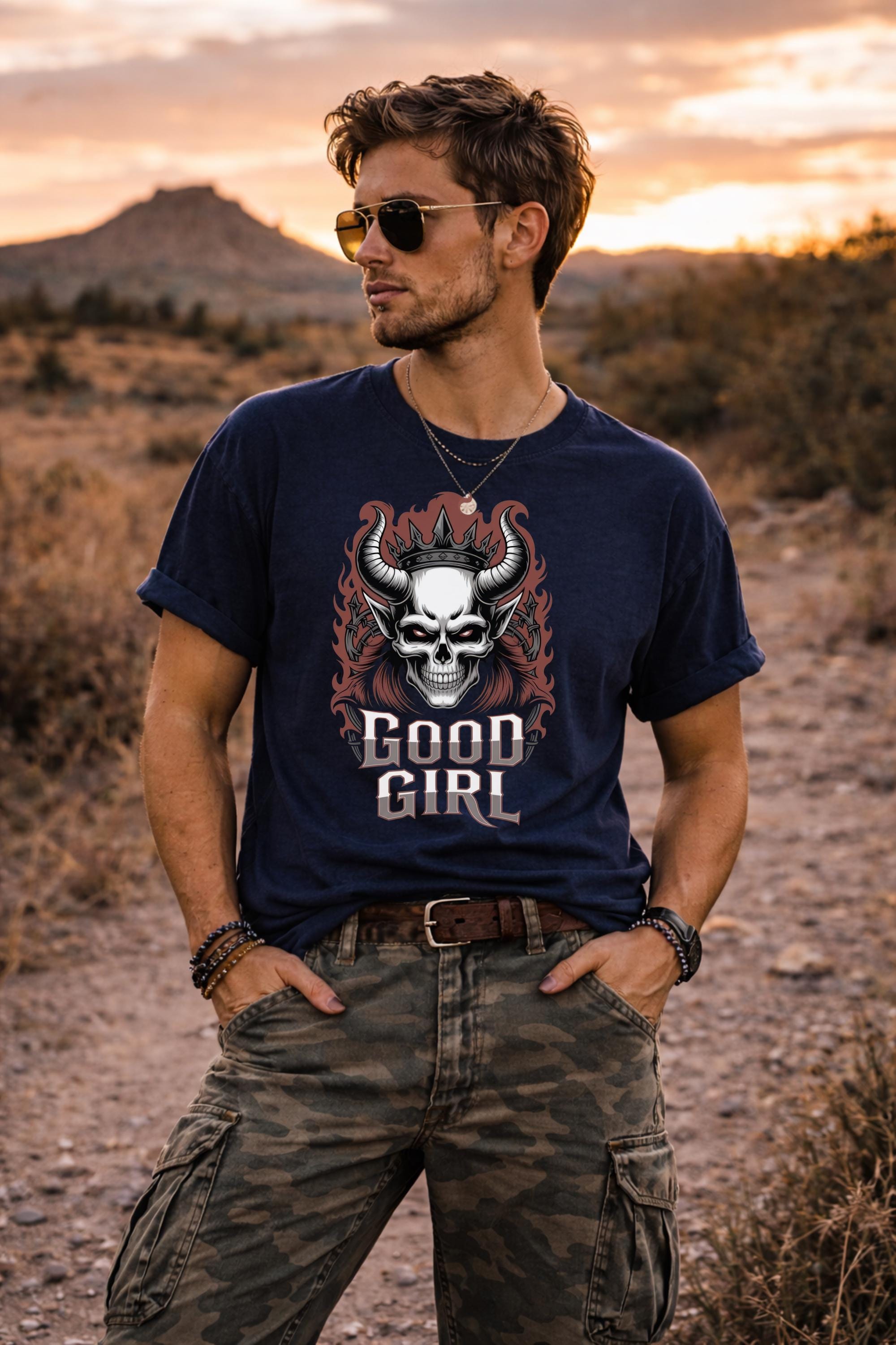 Unisex Comfort Colors t-shirt featuring gothic skull graphic with horns and crown, edgy dark aesthetic design on midnight shirt worn by model