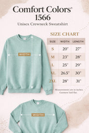 Comfort Colors 1566 sweatshirt size chart, unisex crewneck sizing guide with width and length measurements in inches