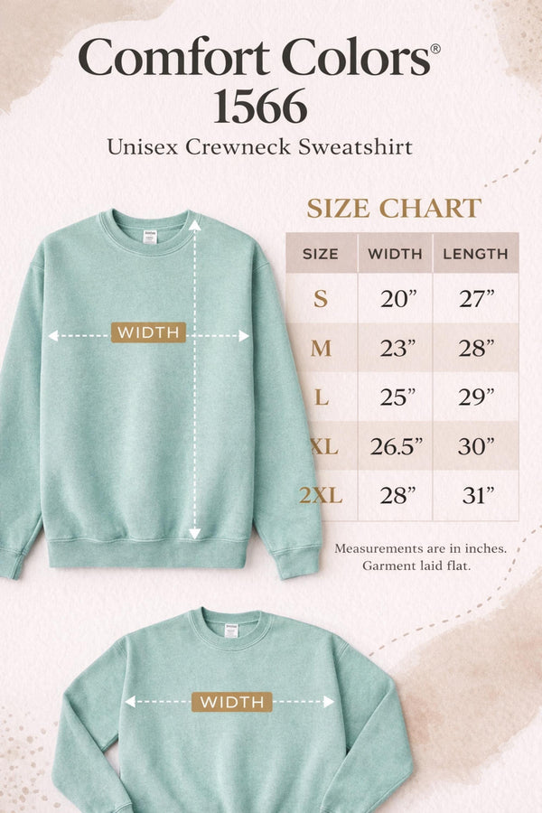 Comfort Colors 1566 sweatshirt size chart, unisex crewneck sizing guide with width and length measurements in inches