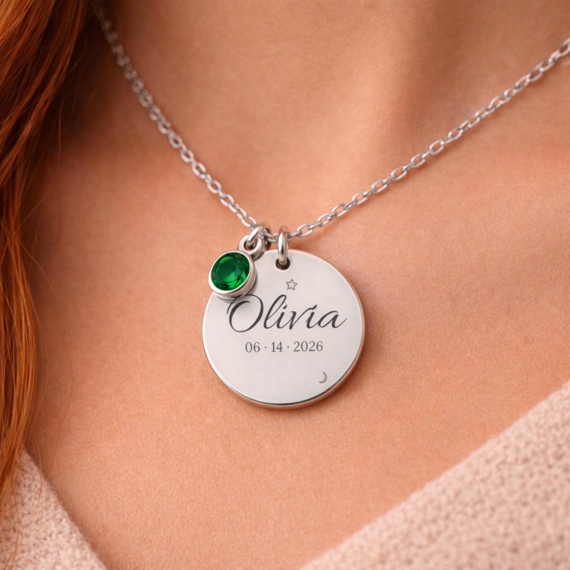 Personalized silver name necklace with birthstone charm, engraved round pendant with Olivia name and date, minimalist custom jewelry gift for her