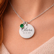 Personalized silver name necklace with birthstone charm, engraved round pendant with Olivia name and date, minimalist custom jewelry gift for her