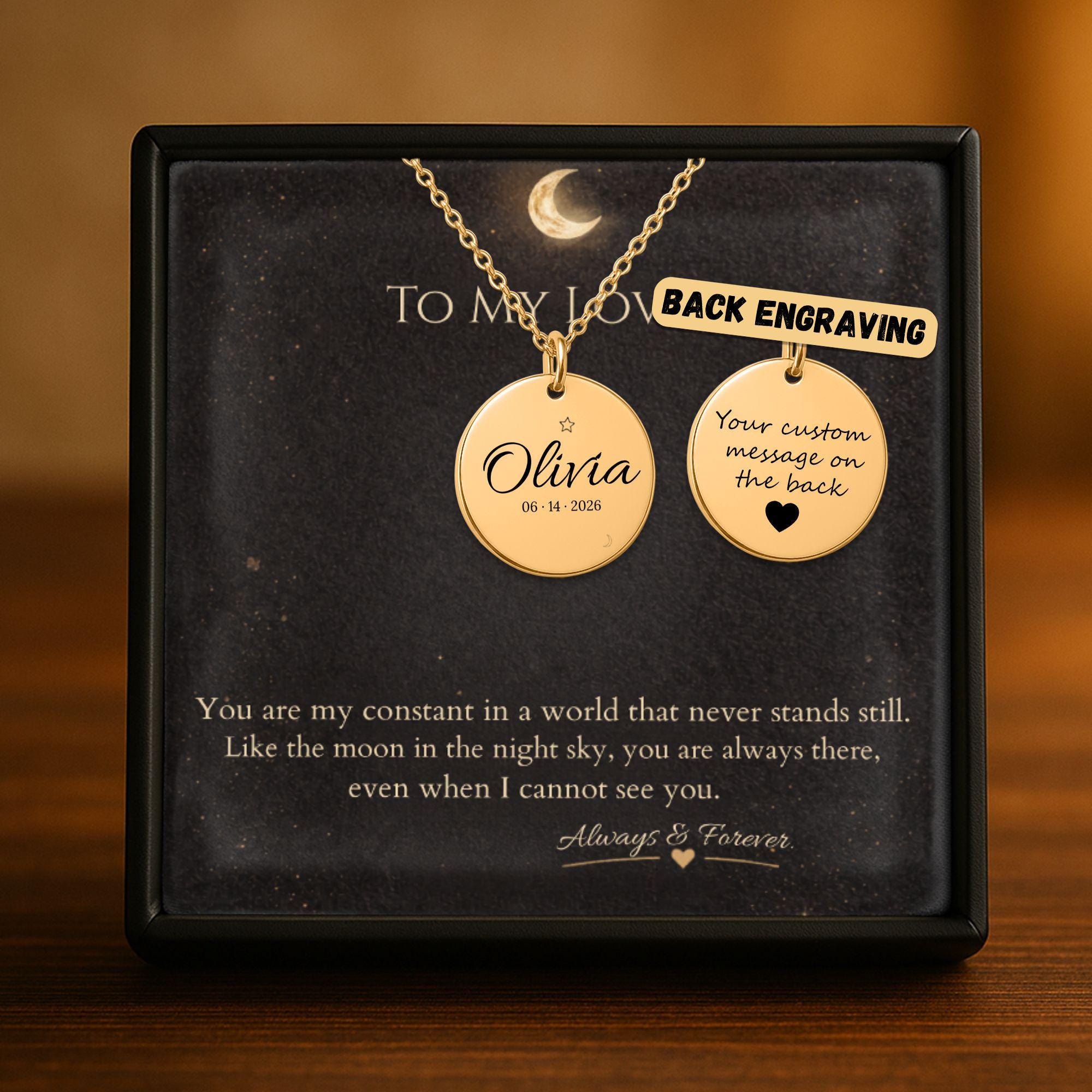 Premium gift box set featuring a personalized gold necklace with engraved name and date, and a custom message on the back of the necklace paired with a heartfelt message card and elegant packaging—perfect for meaningful gifting.