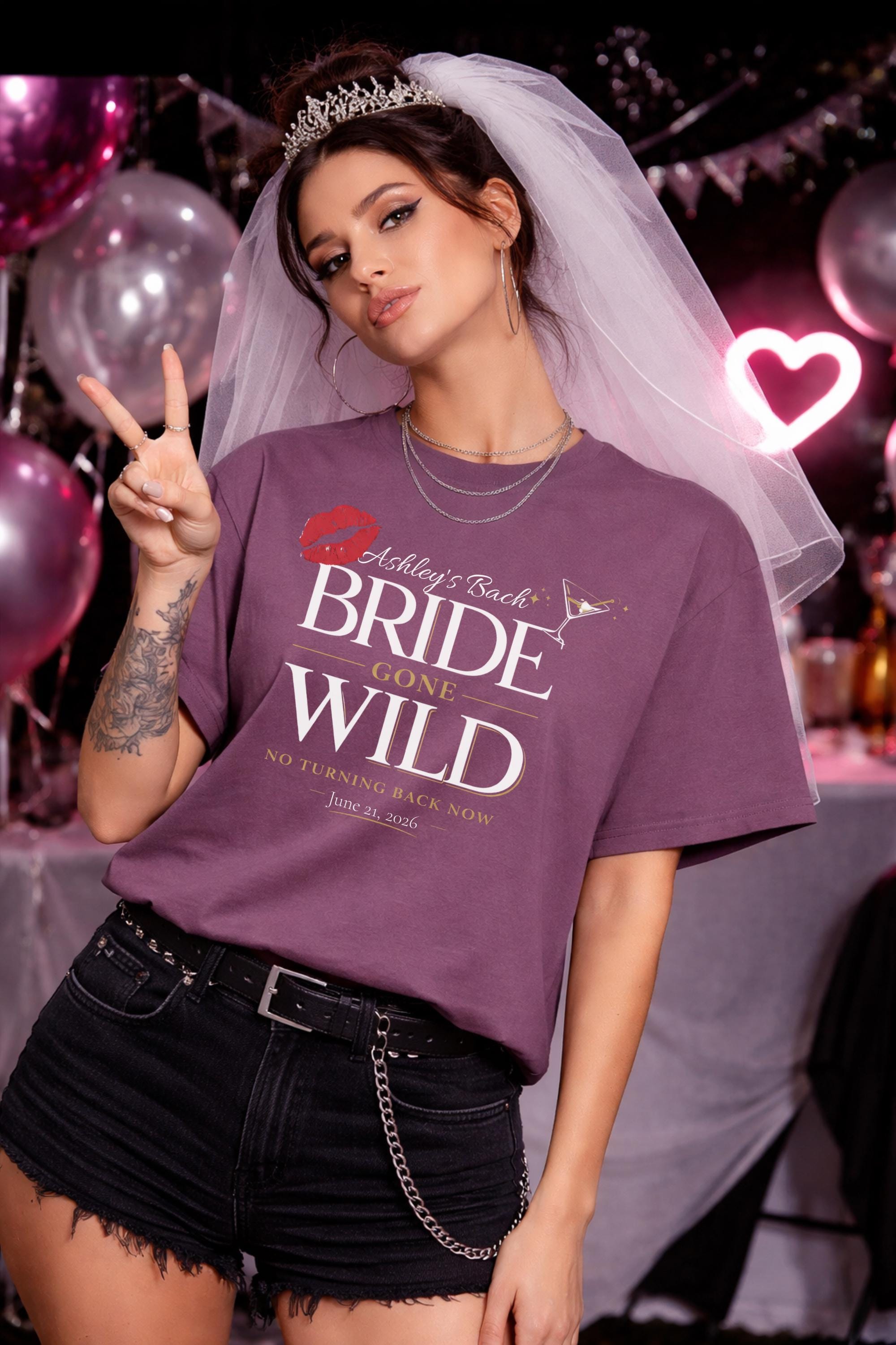 Bride Bach shirt design featuring “BRIDE GONE WILD” typography with elegant script “Ashley’s Bach,” red lips graphic, martini glass, and gold accents, bachelorette party theme