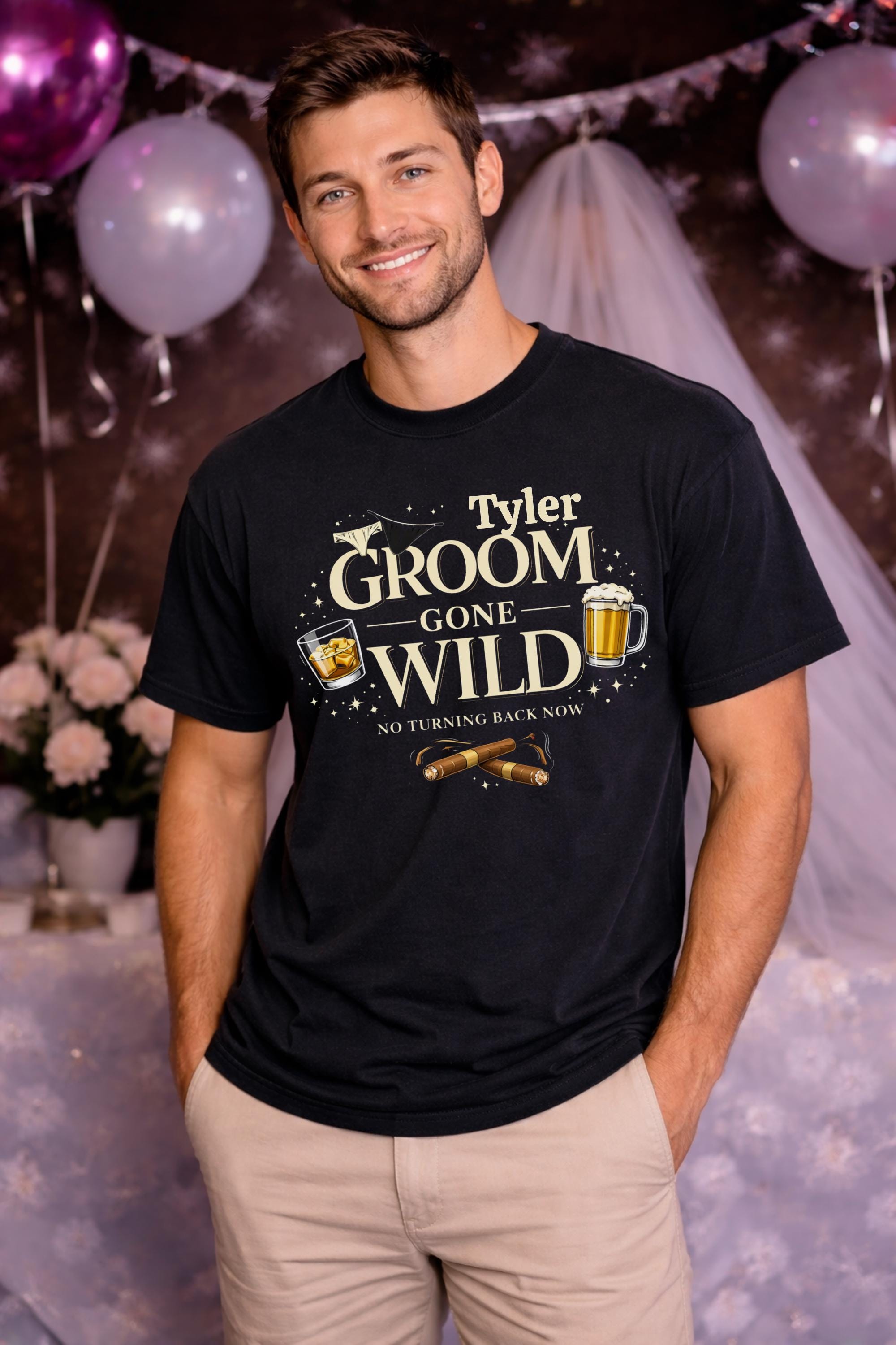 Groom gone wild bachelor party shirt mockup, man wearing black tee with custom name Tyler, whiskey, beer, and cigar graphics, groom outfit idea