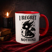Dark aesthetic dragon mug with “I regret nothing” quote, gothic style coffee cup