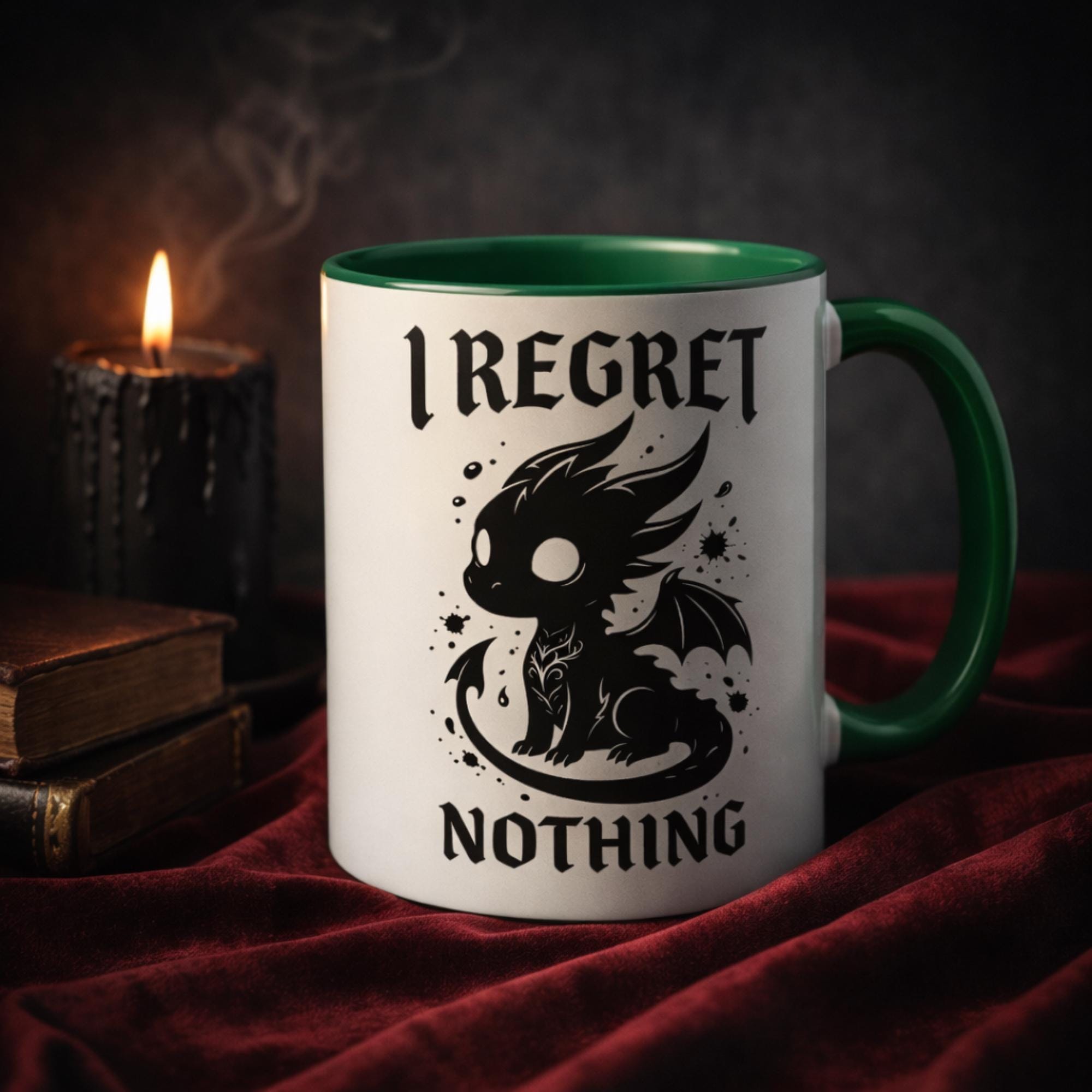 Dark aesthetic dragon mug with “I regret nothing” quote, gothic style coffee cup