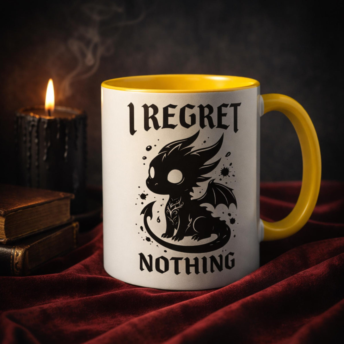 Dark aesthetic dragon mug with “I regret nothing” quote, gothic style coffee cup