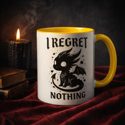 Dark aesthetic dragon mug with “I regret nothing” quote, gothic style coffee cup