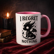 Black dragon illustration mug with sarcastic quote, dark academia coffee cup styled with antique books and candle, gothic home decor