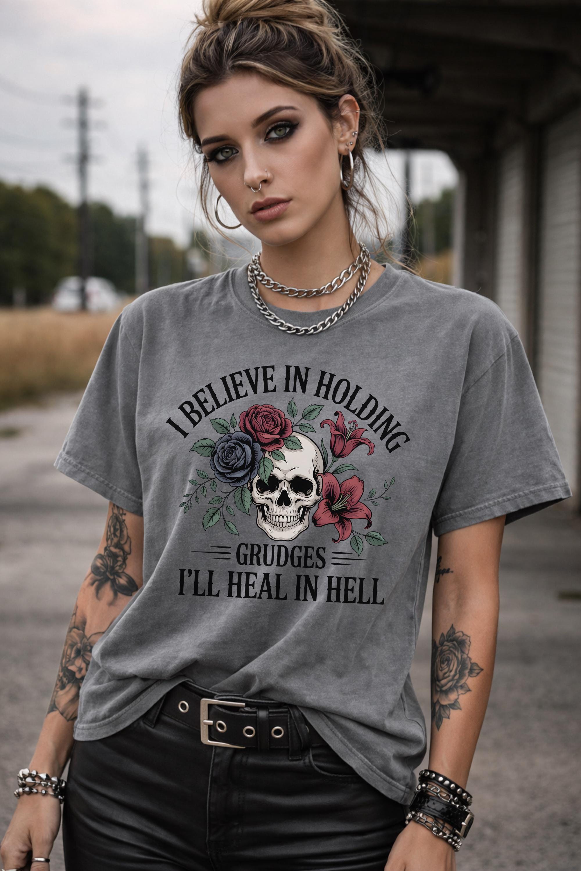 Woman wearing dark gray gothic skull and roses t-shirt with sarcastic quote, alternative grunge fashion outfit, edgy street style look